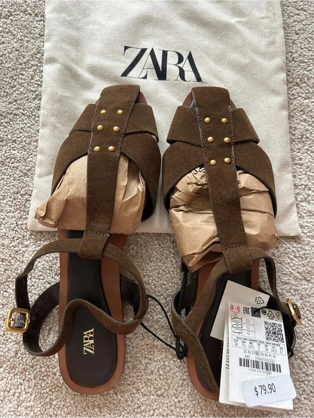 Zara Brown Suede Ankle-Wrap Sandals with Gold Buckle - Picture 2 of 4